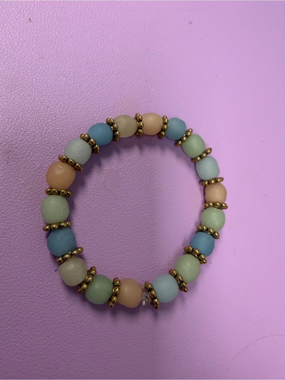 Hand Crafted Pastel Beaded Bracelet with Gold Accents. African recycled glass.